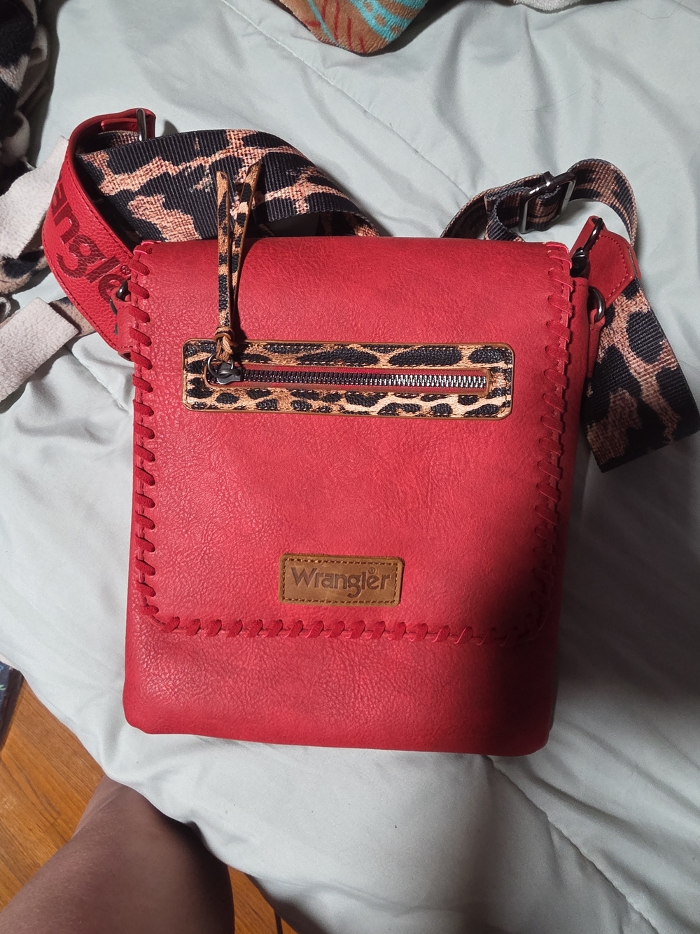 Wrangler Red Crossbody with Leopard-Pattern Trim